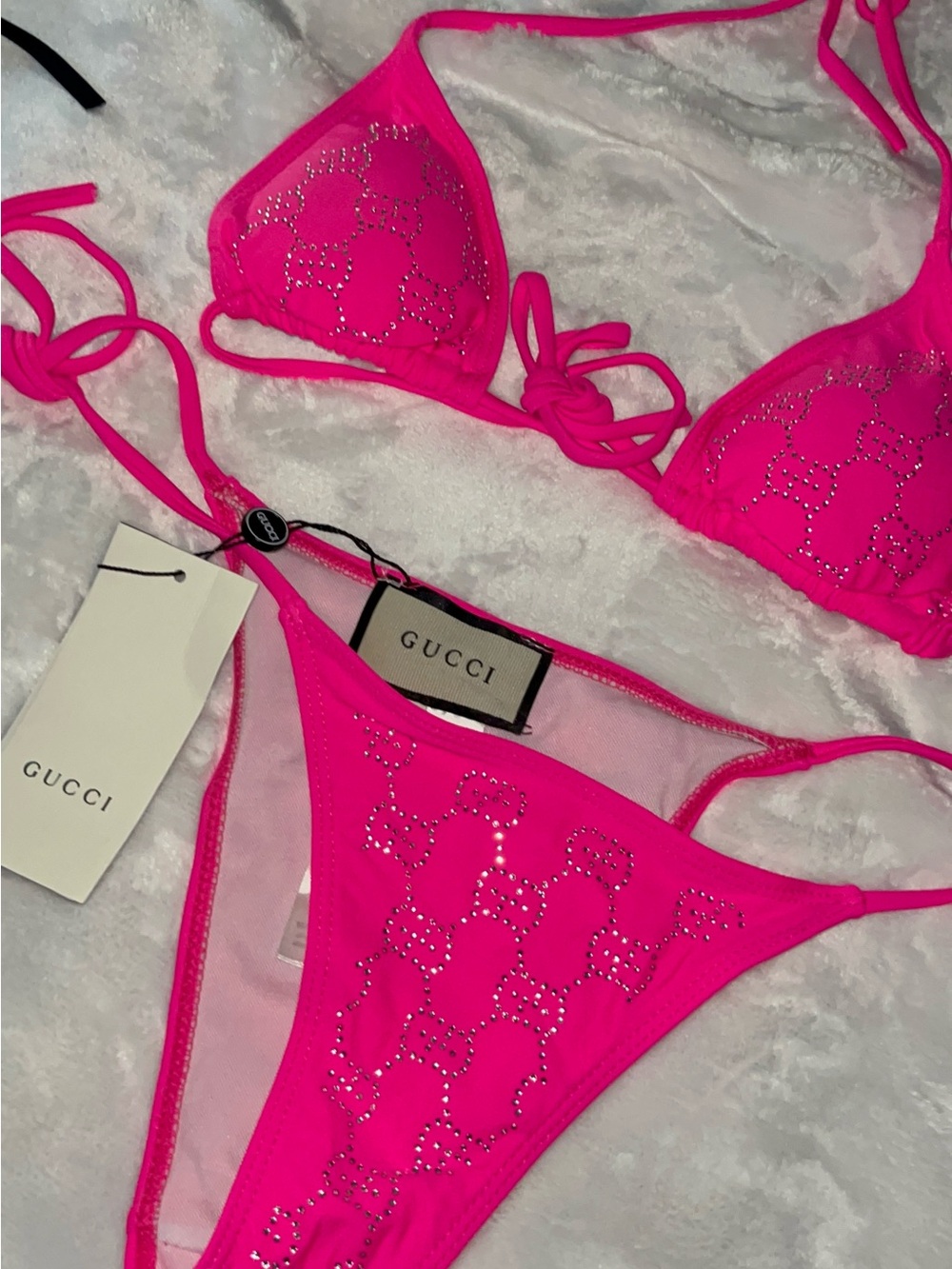 Gucci Neon Pink Crystal-Studded Triangle Bikini Set